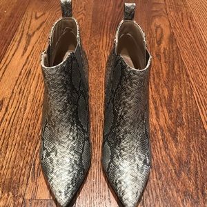 BCGGMaxazria faux snakeskin booties. Size 8